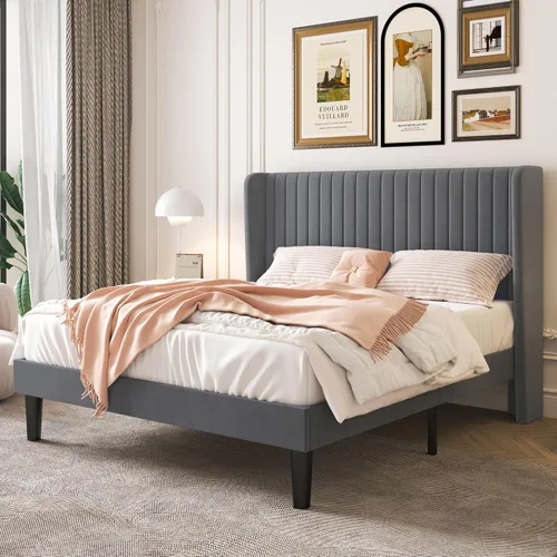 Vista 11 de SHA CERLIN - Marco de cama de terciopelo tamaño matrimonial, cabecera con alas copetudas, color negro 47'' Modern Vertical Channel Headboard