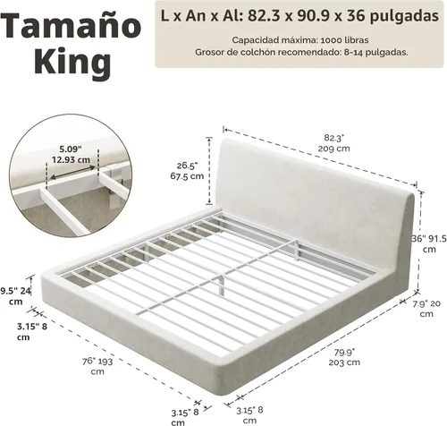 Vista 2 de RECCI AirFrame - Base de cama tamaño King con cabecera ergonómica acolchada de espuma en ángulo, marco de cama de plataforma de diseño minimalista