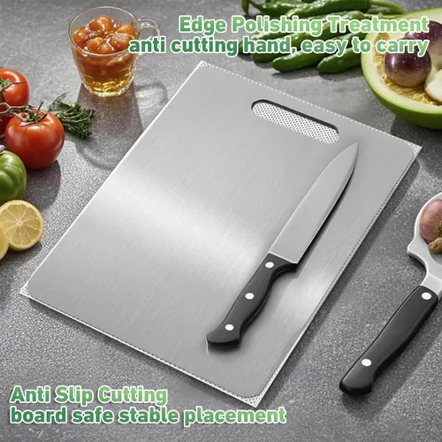 Vista 4 de Tabla de cortar de titanio, nuevas tablas de cortar de titanio 100% puro para cocina, tabla de cortar de metal de alimentos de doble cara,