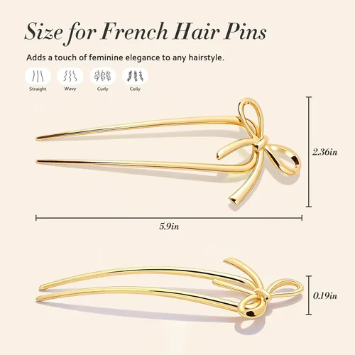 Vista 2 de 2 horquillas francesas de metal dorado para mujeres y niñas, elegantes horquillas en forma de U con diseño de lazo, horquillas de pelo con torsión