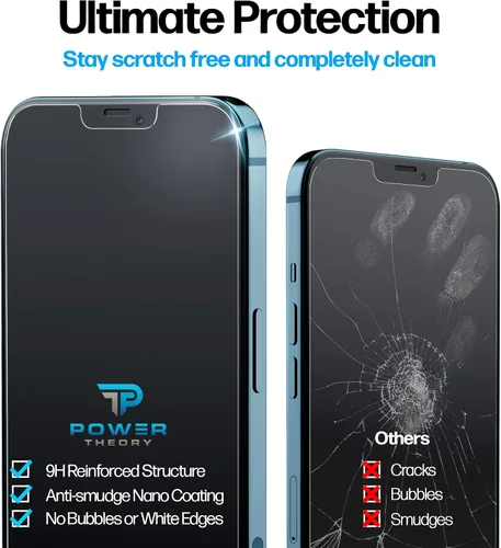 Vista 4 de Power Theory Protector de pantalla de vidrio templado diseñado para iPhone 12 Pro Max [dureza 9H], kit de fácil instalación, 99% HD libre