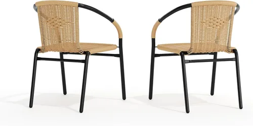 Vista 10 de Flash Furniture Lila Paquete de 2 Sillas Apilables de Ratán Beige para Restaurante Interior-Exterior