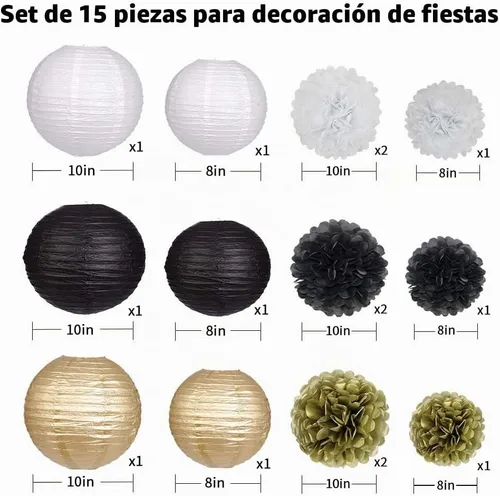 Vista 2 de Linternas de papel pompones de papel negro y dorado para decoración Negro/dorado