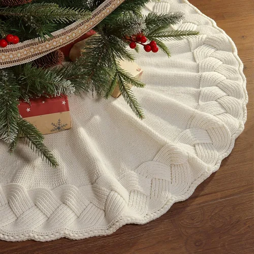 Vista 2 de Falda de Árbol de Navidad de 36 Pulgadas: Falda de Árbol de Lápiz para Árbol de 6 Pies, Falda de Árbol Tejida en Trenzado de Canasta Crema Blanca