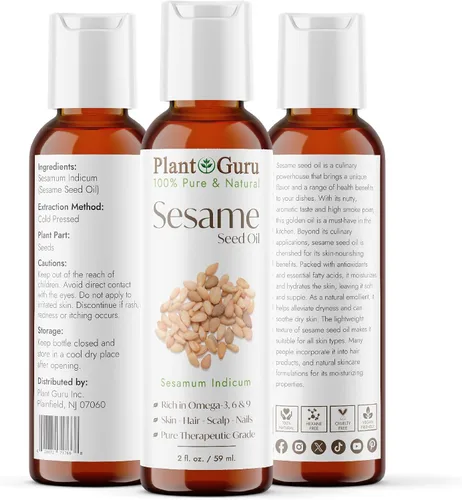 Vista 2 de Aceite de semilla de sésamo 2 fl. oz. – Prensado en frío, 100% puro y natural portador para piel, cara, cuerpo, cabello y cocina. Ideal para cremas