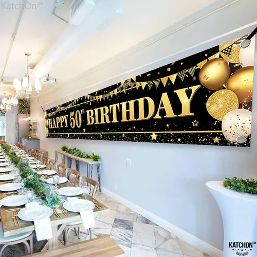 Vista 4 de KatchOn, Cartel de feliz cumpleaños 50 extra grande – 120 x 20 pulgadas Decoraciones de cumpleaños 50 para mujeres y hombres Cartel de feliz