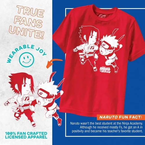 Vista 3 de Ripple Junction Naruto Shippuden Sasuke Naruto Chibi Battle Shirt, Juventud, Rojo