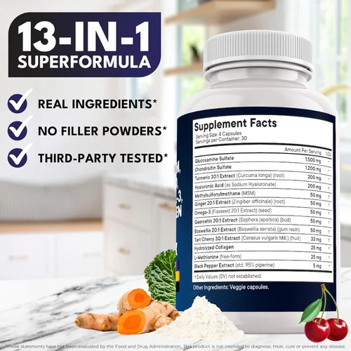 Vista 5 de Glucosamina Condroitina, MSM, Cúrcuma Curcumina, Colágeno, Ácido Hialurónico, Omega 3 – Suplemento de Salud para Hombres y Mujeres – 360