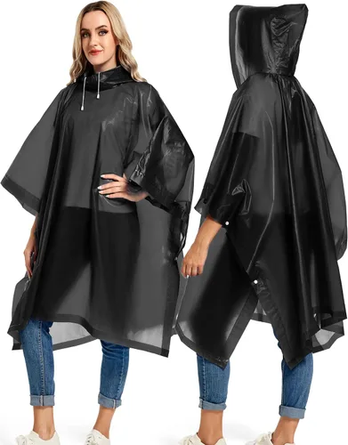 Vista 28 de Paquete de 2 ponchos de lluvia para adultos, reutilizables, impermeables, de supervivencia, emergencia, resistente, con capucha con cordón