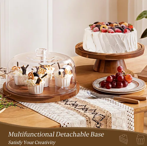 Vista 5 de HBlife Soporte para pasteles con tapa (11.4 pulgadas), soporte multifuncional para pasteles con cúpula acrílica, soporte de madera de acacia 6 en 1
