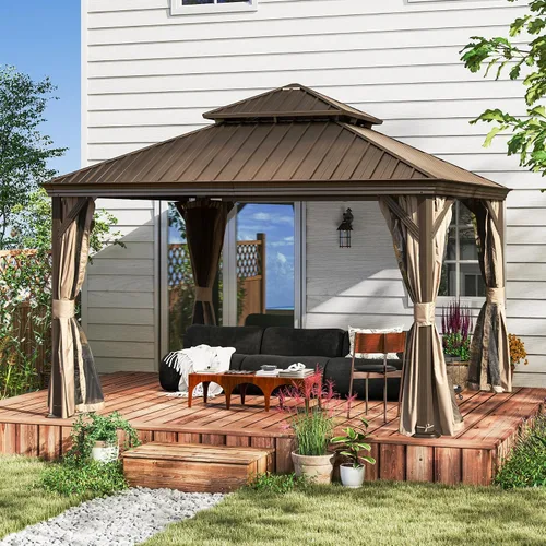 Vista 32 de Domi - Cenador de techo rígido de 8 x 8 pies con malla y cortinas, cenador para exteriores con techo doble de acero galvanizado para patio, césped