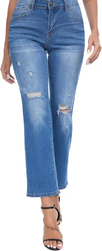 Vista 2 de Jeans para mujer, rasgados de cintura media, jeans estilo boyfriend, pierna recta, elásticos, desgastados, jeans para mamá con agujero