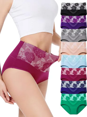 Vista 17 de HAVVIS Bragas Ropa Interior de Mujer de Algodón Cintura Alta Control Abdominal Panties Rosa Jacquard para Damas Multipack Calzoncillos 01 - Paquete