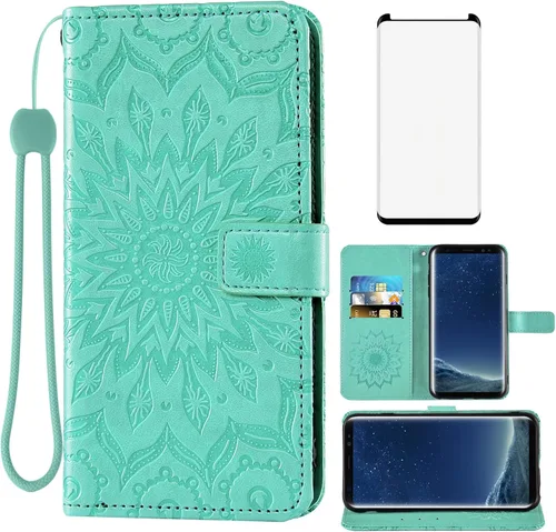 Vista 14 de Funda de teléfono para Samsung Galaxy S8 con protector de pantalla de vidrio templado, funda de cuero con tapa de girasol, soporte para tarjetas
