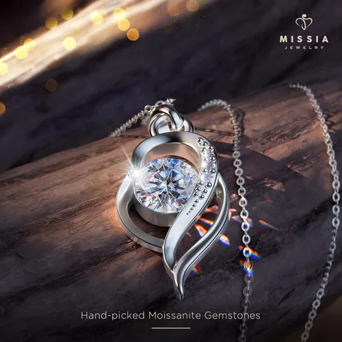 Vista 6 de Missia Moissanite Sterling Silver Necklace With Walnut Jewelry Box Gift For Her Woman Wife Girlfriend Daughter Present For Birthday Valentine