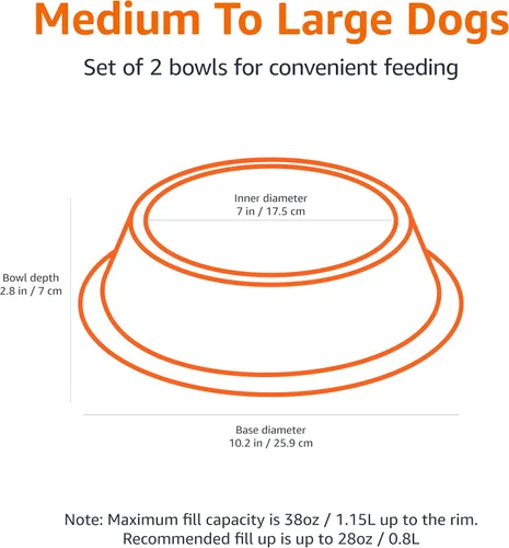 Vista 2 de Amazon Basics Cuenco antideslizante de acero inoxidable para agua y comida para perros, paquete de 2 (10 x 2.8 pulgadas), cada uno con capacidad