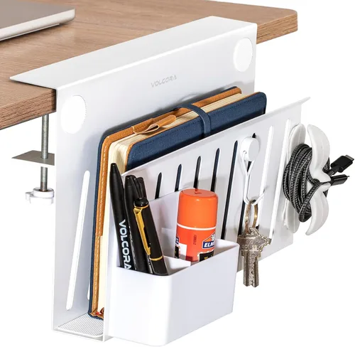 Vista 8 de Volcora Almacenamiento lateral, soporte para debajo de la laptop, organizador sin taladros con caja magnética para bolígrafos, abrazadera