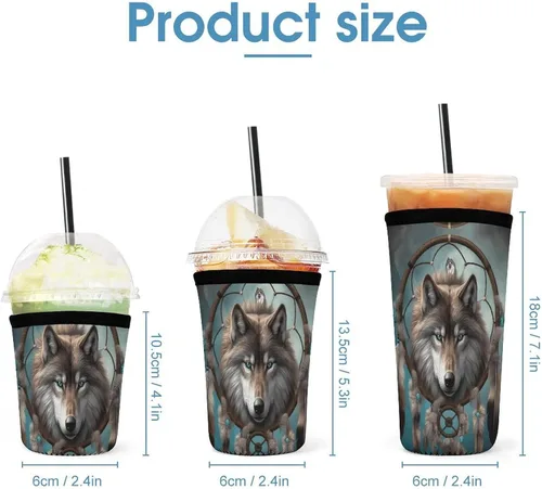 Vista 2 de 3D Wolf Dream Catcher Reusable Insulated Neoprene Iced Coffee Cup Sleeves 3 Sizes Diving Material Cup Durable Beverage Covers for Cold Coffee Tea