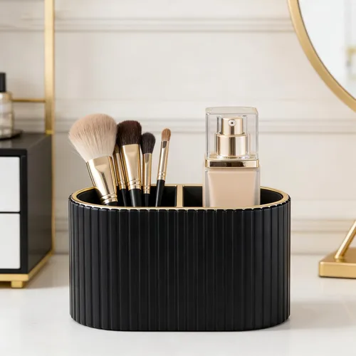 Vista 4 de KINGFOM Organizador de brochas de maquillaje con divisor, soporte de piel sintética para encimera de baño y tocador, organizador de almacenamiento