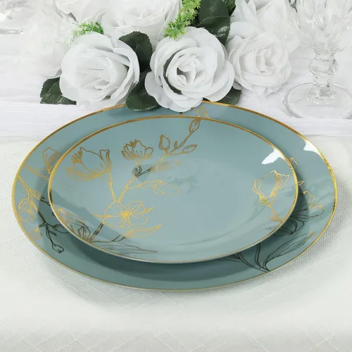 Vista 7 de Efavormart - Juego de 20 platos de plástico floral azul polvoriento, dorados, platos de 10 pulgadas y platos de postre de 7 pulgadas