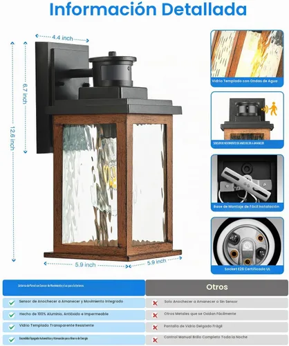 Vista 6 de VIANIS Luces para exteriores con sensor de movimiento, iluminación de anochecer a amanecer para casa, luces de grano de madera para garaje, farol