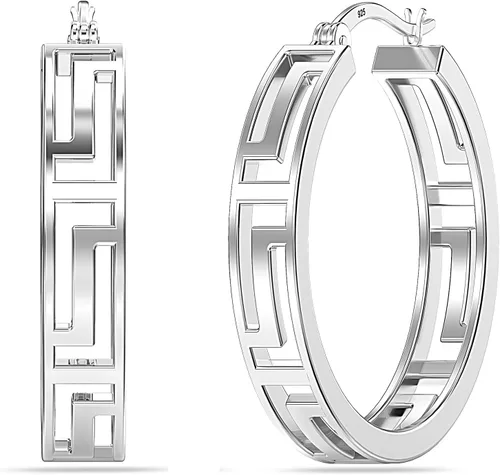 Vista 8 de LeCalla Aretes de aro de plata de ley 925 con llave griega, ligeros, con parte superior de clic, patrón de corte de pared griega para mujer Pared