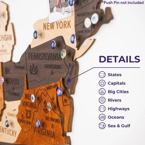 Vista 3 de HYPERI Arte de pared de madera 3D con mapa de Estados Unidos, decoración grande, mapa de viaje de Estados Unidos con chinchetas, Navidad, Año Nuevo