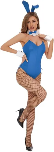 Vista 2 de YUANTU Traje de conejito para mujer, disfraz de anime de Halloween, cosplay, body con diadema de conejo, conjunto de medias
