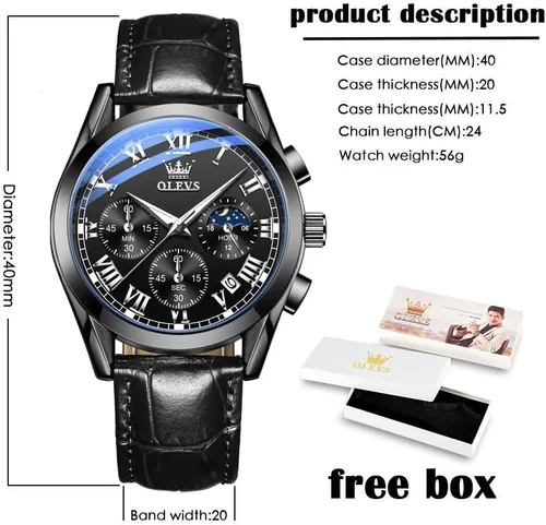 Vista 6 de OLEVS Reloj para hombres cronógrafo marrón cuero oro caso analógico cuarzo moda negocios vestido grande hombres reloj día fecha luminoso impermeable