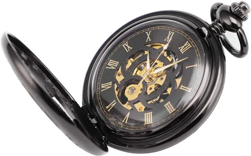 Vista 5 de ManChDa Relojes mecánicos de bolsillo grabados con esqueleto de doble cubierta con números romanos, esfera personalizada con caja y cadena