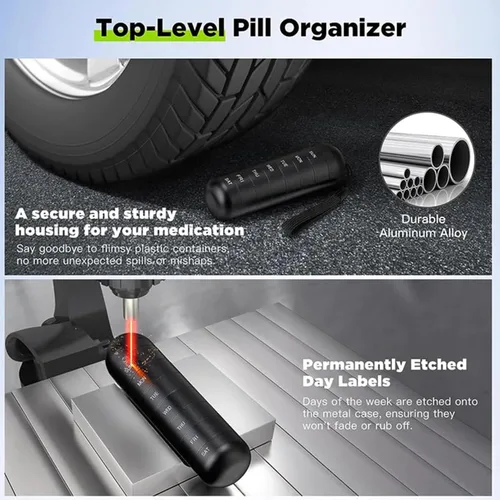 Vista 6 de Pastillero portátil de 7 días para viajes, organizador semanal de píldoras impermeable de aleación de aluminio, pastillero de viaje de 7 días
