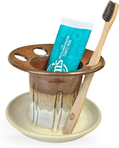 Vista 9 de Soporte para cepillos de dientes de cerámica fácil de limpiar para baños de niños y familias grandes, organizador de encimera estilo rústico (negro)