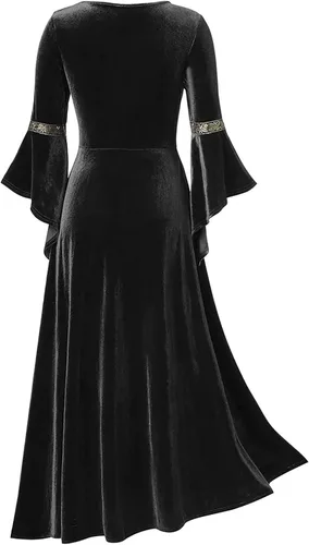 Vista 4 de Renaissance Court Regency Dress Womens Retro Square Neck Ribbon Lace-Up Flare Sleeve Maxi Dress Gothic Punk Dress