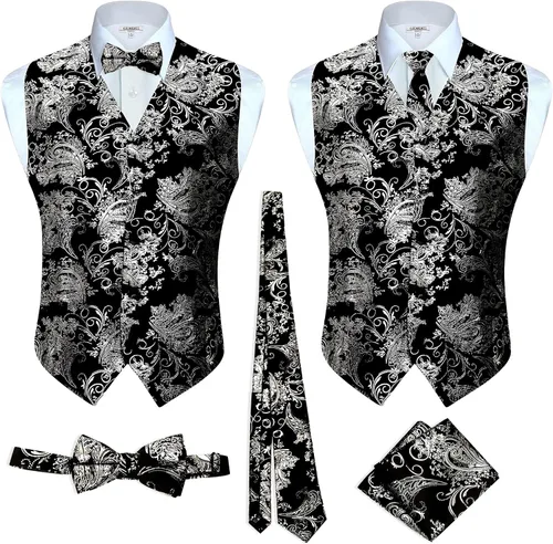 Vista 22 de Gioberti Chaleco formal de cachemira de 4 piezas para hombre, corbatín y pañuelo de bolsillo Negro B