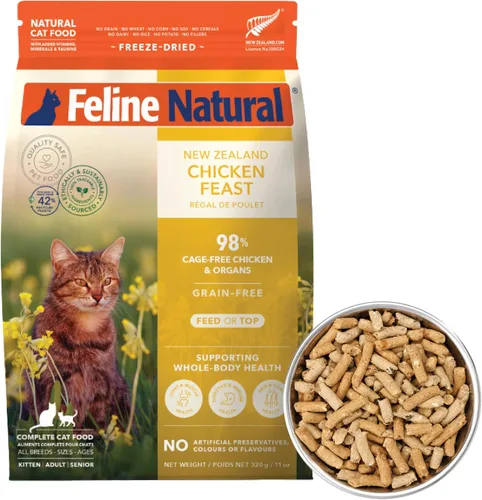 Vista 22 de Alimento para gatos seco de alta proteína Feline Natural, dieta liofilizada con 98% de carne, órganos y mariscos, sin guisantes, granos o aditivos