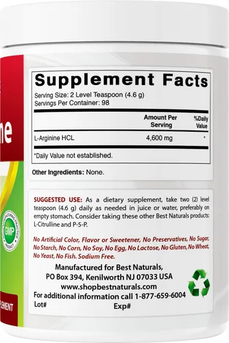 Vista 6 de Best Naturals L-Arginina en polvo de 1 libra – Forma pura libre de grado farmacéutico – Los mejores suplementos de arginina de aminoácidos