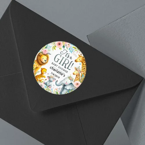 Vista 3 de Etiquetas personalizables para negocios, 100 calcomanías personalizables de animales de safari, It' a Girl, calcomanías para negocios, 100