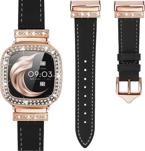 Vista 11 de Correa de cuero compatible con Fitbit Sense 2/Versa 4 para mujeres, elegante correa de cuero con hebilla metálica en forma de D con strass con funda