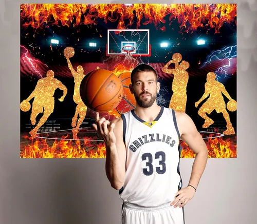 Vista 4 de Fondo temático de baloncesto para fotografía, 7 x 5 pies, Star Slam Dunk Baloncesto Deportes Fondo para niños Baloncesto Feliz Cumpleaños Decoración