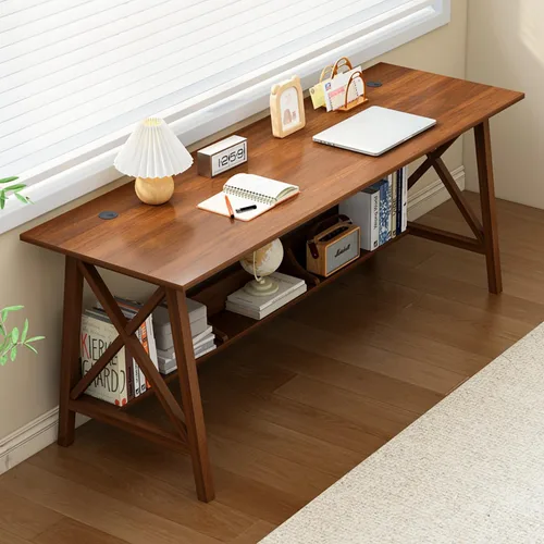 Vista 8 de NELYE Escritorio Extra Largo con Estantería - Mesa de Trabajo de Estudio de Oficina en Casa de Madera, Estación de Trabajo de Computadora de Roble