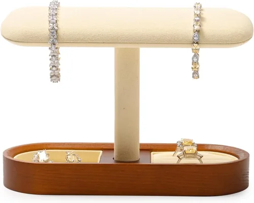Vista 9 de Oirlv Soporte de reloj de madera maciza con barra en T, organizador para hombres y mujeres, soporte de exhibición de joyas, anillos, aretes, collar
