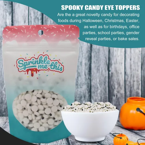Vista 2 de Spooky Eye Toppers – Bolsa de dulces resellable de 4 onzas – Decoraciones comestibles para hornear – Ojos blancos divertidos para cupcakes