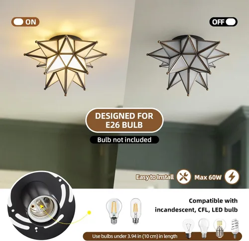 Vista 4 de Lámpara de techo negra con estrella morava, bronce aceitado, estilo vintage, antiguo, iluminación empotrada, estilo Art Deco de mediados de siglo