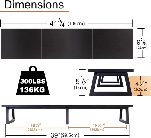 Vista 5 de TEAMIX Soporte elevador de monitor dual de 42 pulgadas en negro, soporte largo de monitor de madera y acero para 2 monitores con almacenamiento