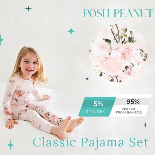 Vista 11 de Posh Peanut Pijamas para niñas, suaves, de viscosa de bambú para niños, pijamas a juego de manga larga para niñas