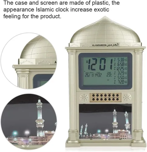 Vista 3 de Reloj despertador islámico de alta calidad, reloj despertador automático de plástico musulmán Azan oración calendario digital con pantalla de hora