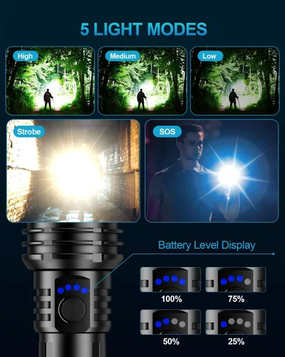 Vista 4 de Linterna de 2000 lúmenes de alta luminosidad con lente de encendido, linterna LED recargable superbrillante con zoom, 5 modos, impermeable, linterna