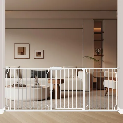 Vista 9 de ALLAIBB - Puerta de seguridad extra ancha de montaje a presión para bebés, autocierre, de metal blanco para niños, perros y mascotas, con pasillo