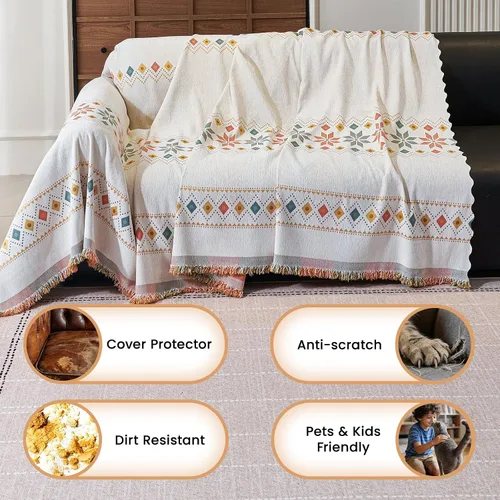 Vista 4 de 71"x71" Reversible Boho Chenille Couch Cover Sofa Slipcover for Dogs Fade-Resistant Sofa Cover for 2-3 Cushion, L-Shape Sectional Sofa Soft