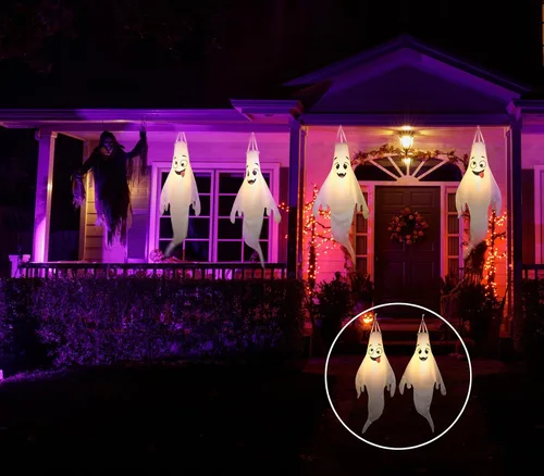 Vista 3 de Decoraciones de Halloween, para colgar al aire libre, calcetines de viento fantasma para árboles con temporizador, fantasmas LED para colgar